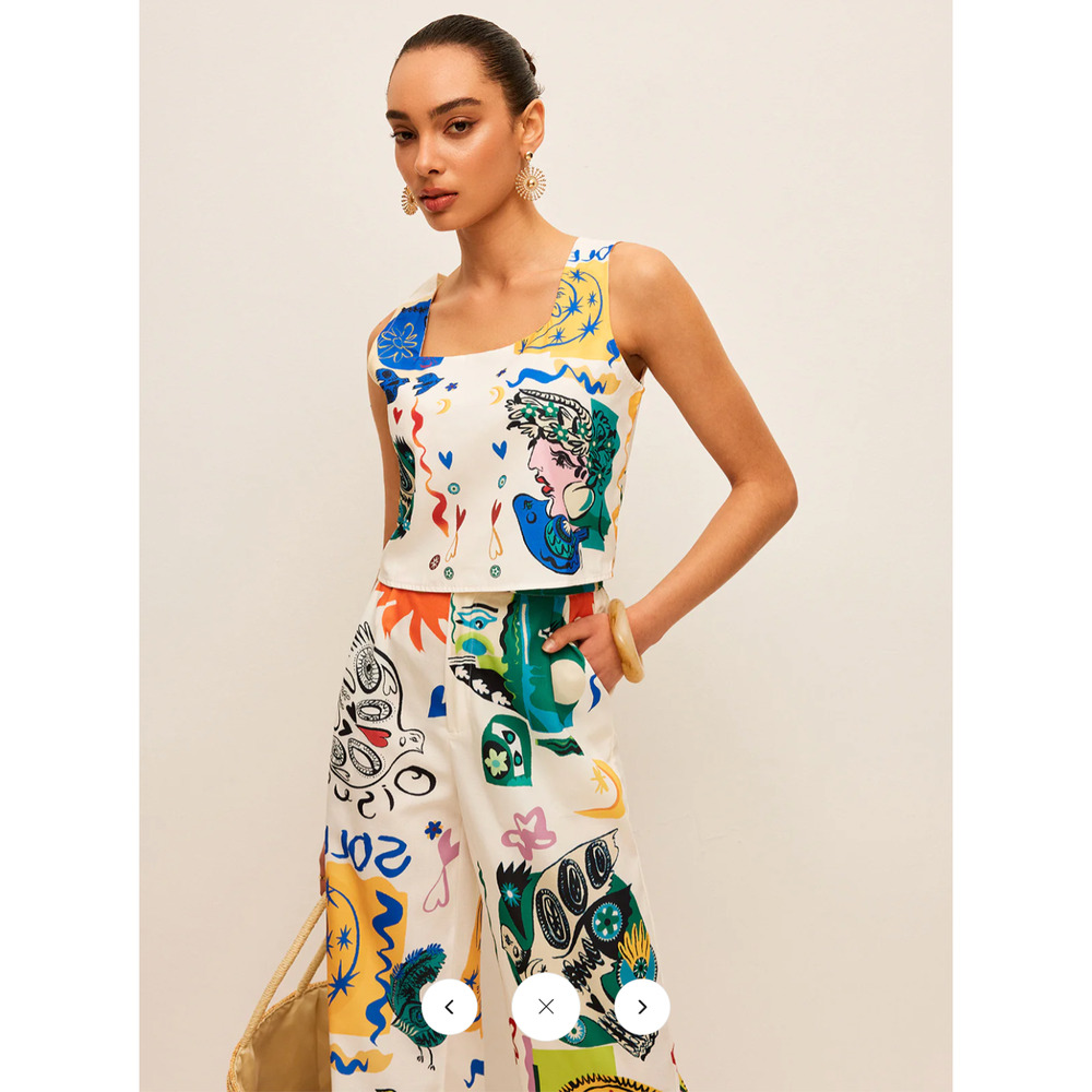 NWT Commense Graphic Print Crop Top With Wide-Leg Pants Set Sz XL - Picture 2 of 5